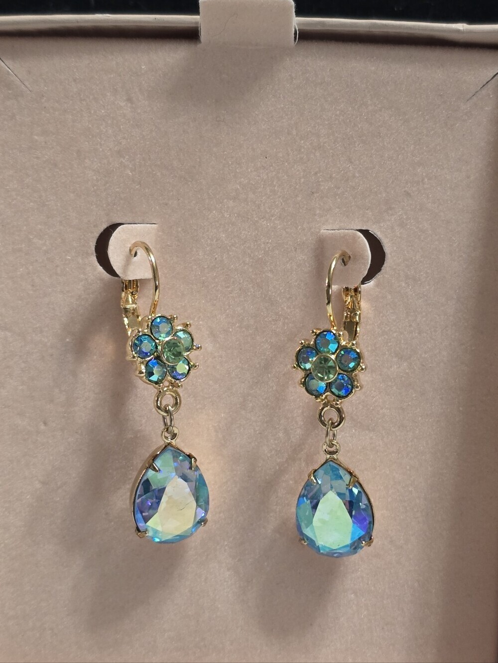 Kirks Folly Gold-Tone Blue Green Floral Aurora Crystal Teardrop Dangle Earrings
